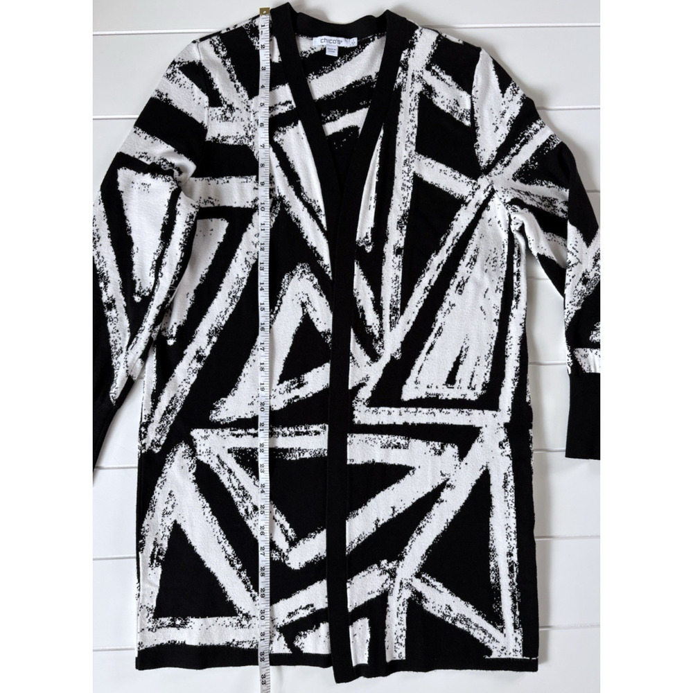 Chicos Black White Abstract Open Front Cardigan Longline Sweater Bold Artsy M - Picture 13 of 15